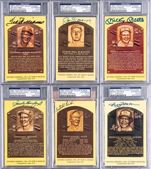 1964-Date Yellow Hall of Fame Plaque Postcards Signed Collection (6 Different) – Including Williams, DiMaggio, Mantle, Koufax, Paige and Jackson